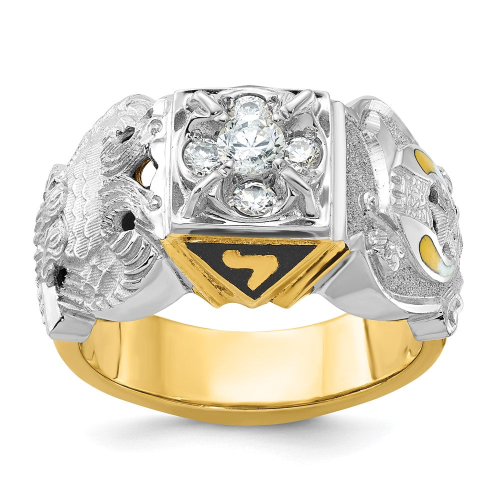 14K Bicolor Gold Herrenring, poliert und texturiert, mit mehrfarbigem Emaille und Diamant, Double-Eagle-Freimaurer-Shriner-Motiv