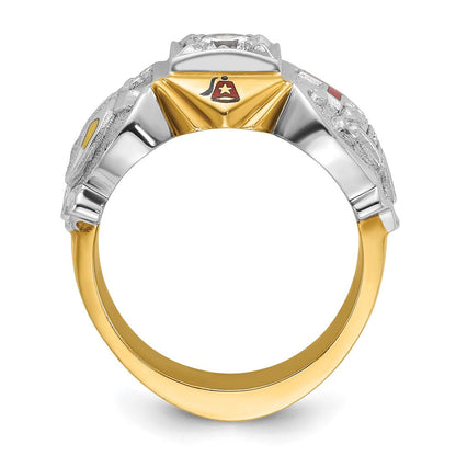 14K Bicolor-Gold Herrenring, poliert und texturiert, mit mehrfarbiger Emaille und Diamanten, Tempelritter Freimaurer Shriners-Ring