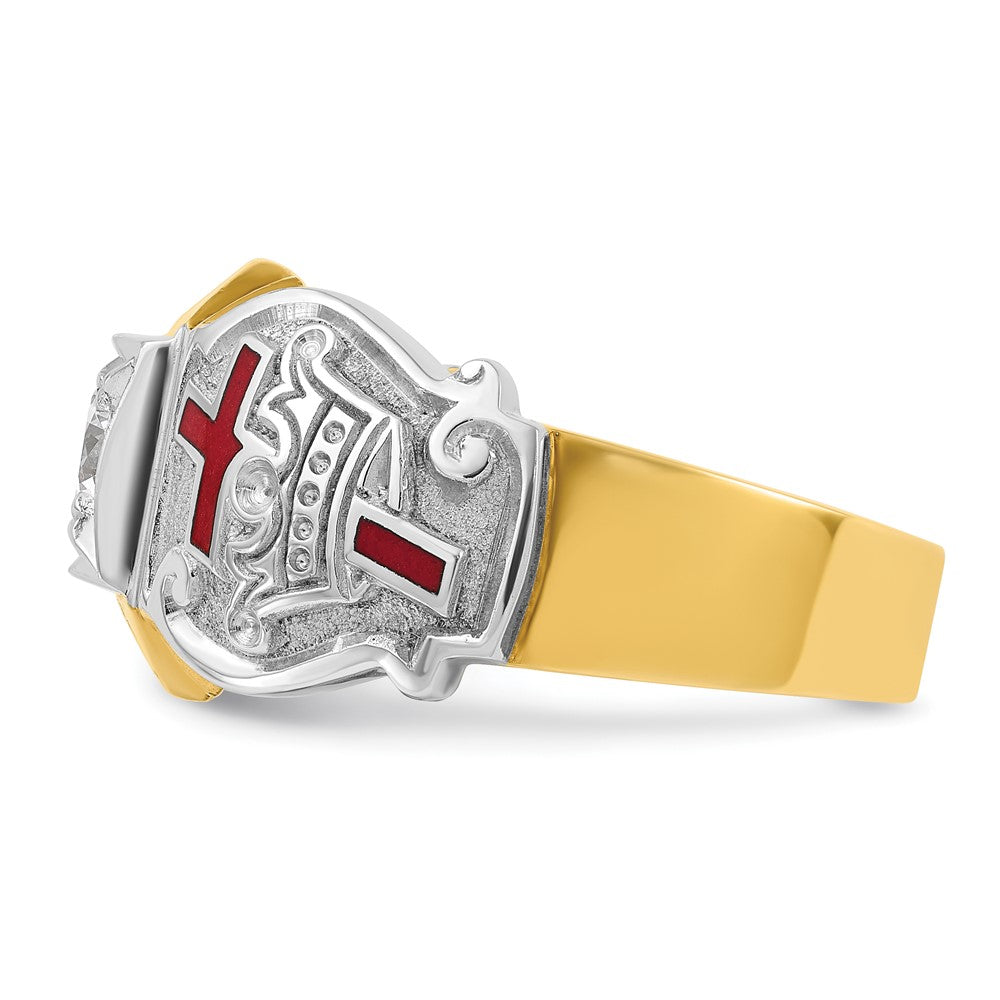 14K Bicolor-Gold Herrenring, poliert und texturiert, mit mehrfarbiger Emaille und Diamanten, Tempelritter Freimaurer Shriners-Ring