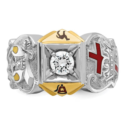 14K Bicolor-Gold Herrenring, poliert und texturiert, mit mehrfarbiger Emaille und Diamanten, Tempelritter Freimaurer Shriners-Ring
