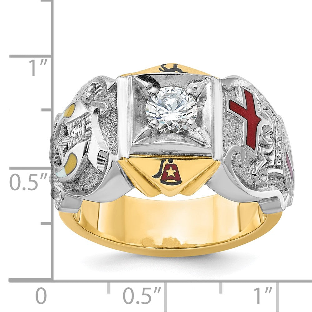 14K Bicolor-Gold Herrenring, poliert und texturiert, mit mehrfarbiger Emaille und Diamanten, Tempelritter Freimaurer Shriners-Ring