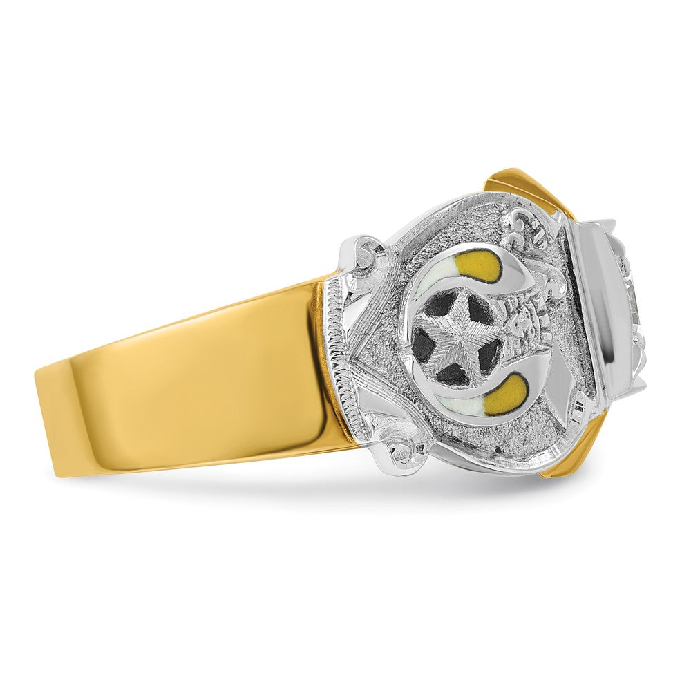 14K Bicolor-Gold Herrenring, poliert und texturiert, mit mehrfarbiger Emaille und Diamanten, Tempelritter Freimaurer Shriners-Ring