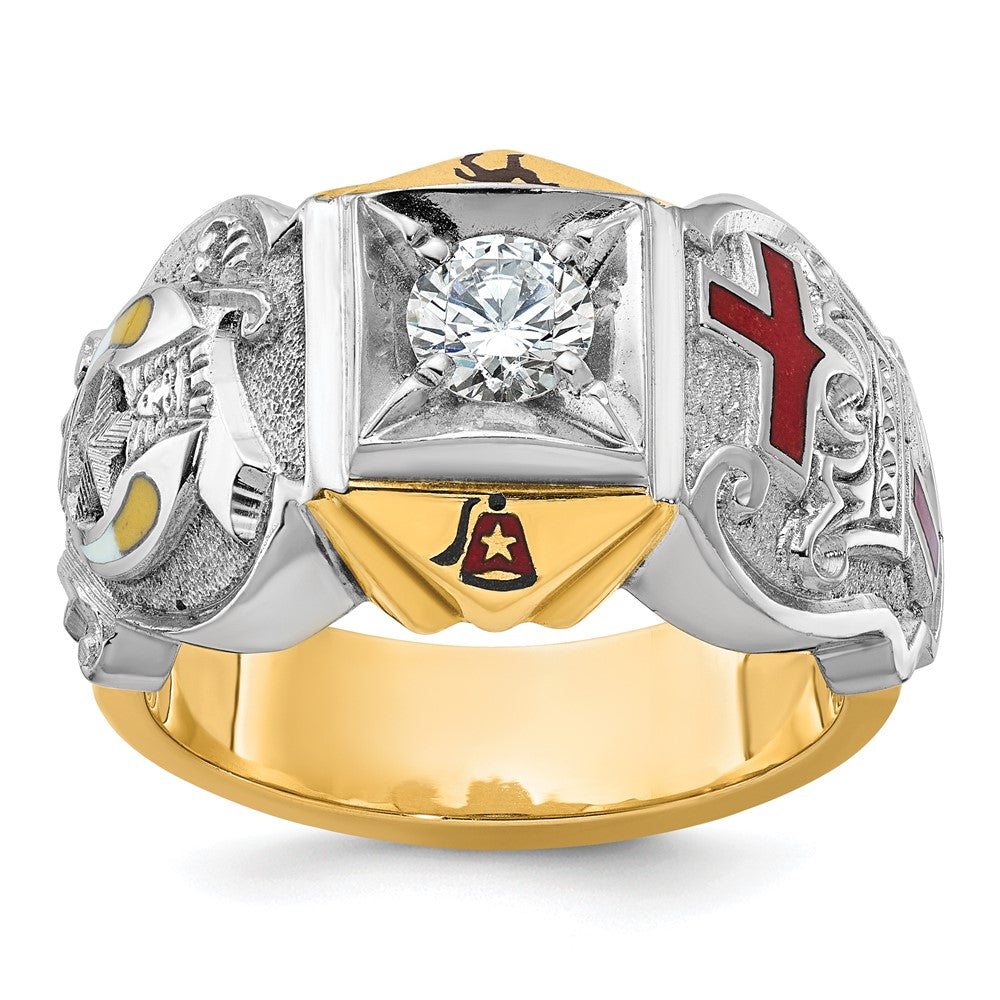 14K Bicolor-Gold Herrenring, poliert und texturiert, mit mehrfarbiger Emaille und Diamanten, Tempelritter Freimaurer Shriners-Ring
