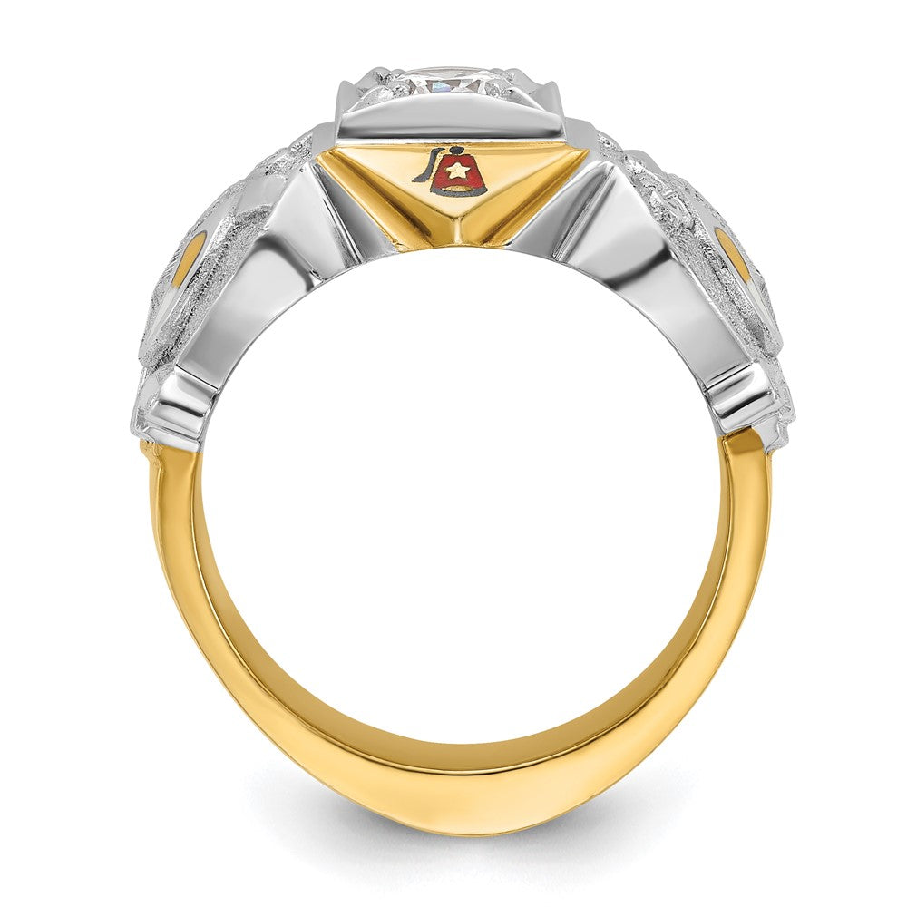 14K Bicolor-Gold Herrenring, poliert und strukturiert, mit mehrfarbiger Emaille und Diamant, Freimaurer-Shriner-Ring