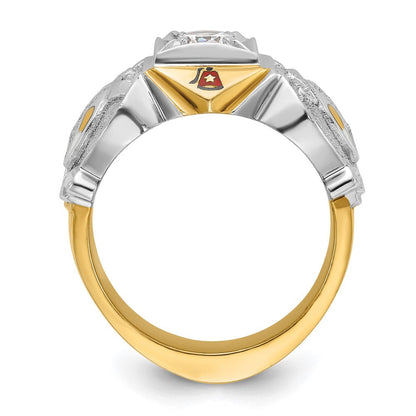 14K Bicolor-Gold Herrenring, poliert und strukturiert, mit mehrfarbiger Emaille und Diamant, Freimaurer-Shriner-Ring