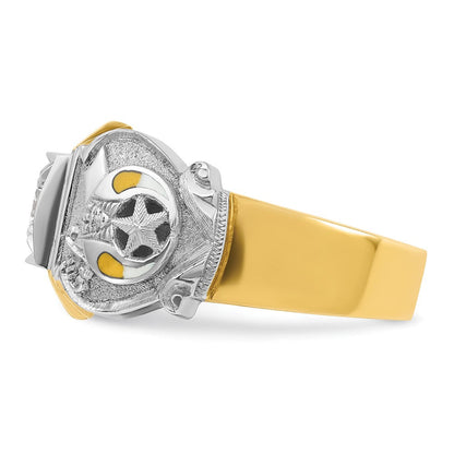 14K Bicolor-Gold Herrenring, poliert und strukturiert, mit mehrfarbiger Emaille und Diamant, Freimaurer-Shriner-Ring