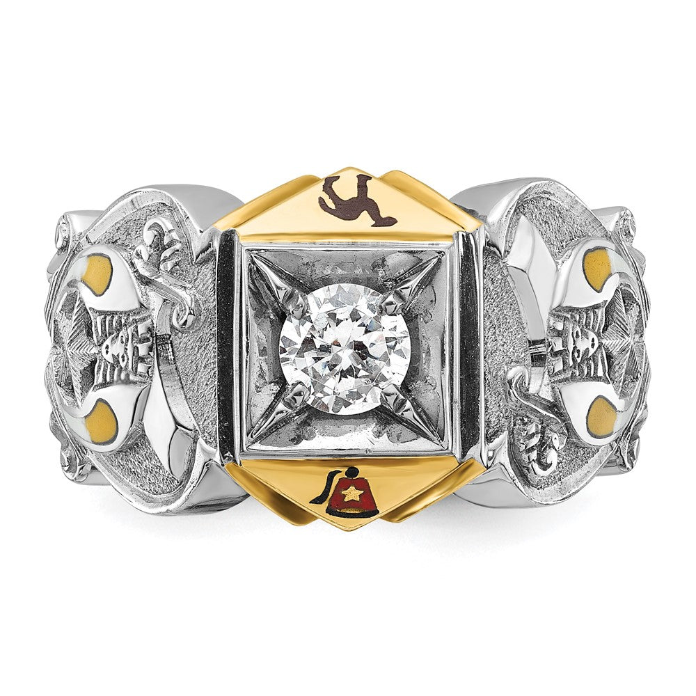 14K Bicolor-Gold Herrenring, poliert und strukturiert, mit mehrfarbiger Emaille und Diamant, Freimaurer-Shriner-Ring