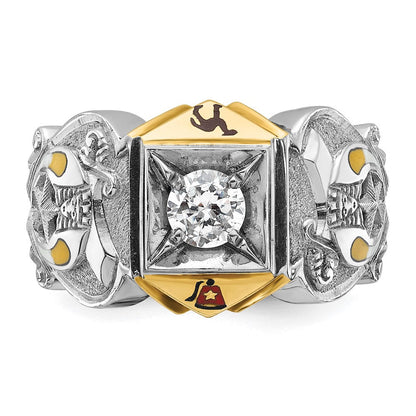 14K Bicolor-Gold Herrenring, poliert und strukturiert, mit mehrfarbiger Emaille und Diamant, Freimaurer-Shriner-Ring