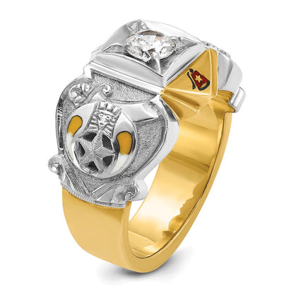 14K Bicolor-Gold Herrenring, poliert und strukturiert, mit mehrfarbiger Emaille und Diamant, Freimaurer-Shriner-Ring