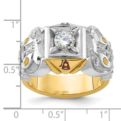 14K Bicolor-Gold Herrenring, poliert und strukturiert, mit mehrfarbiger Emaille und Diamant, Freimaurer-Shriner-Ring
