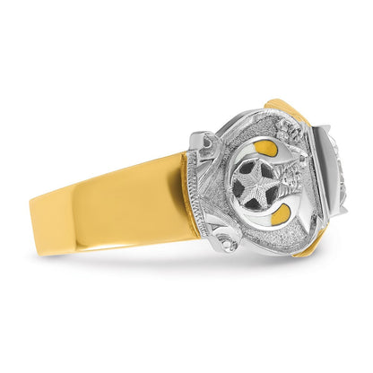 14K Bicolor-Gold Herrenring, poliert und strukturiert, mit mehrfarbiger Emaille und Diamant, Freimaurer-Shriner-Ring