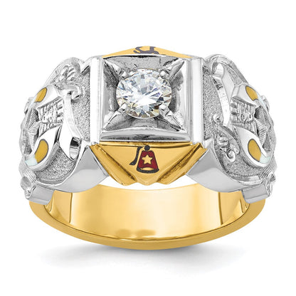14K Bicolor-Gold Herrenring, poliert und strukturiert, mit mehrfarbiger Emaille und Diamant, Freimaurer-Shriner-Ring