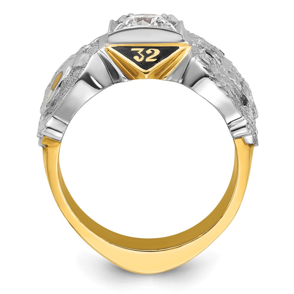 14K Bicolor Gold Herrenring, poliert und strukturiert, mit schwarzer Emaille und Diamant, Double Eagle Freimaurer-Shriner-Ring