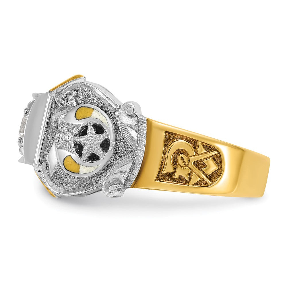 14K Bicolor Gold Herrenring, poliert und strukturiert, mit schwarzer Emaille und Diamant, Double Eagle Freimaurer-Shriner-Ring