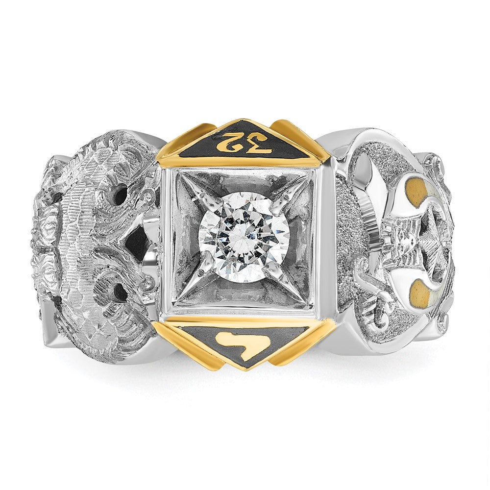14K Bicolor Gold Herrenring, poliert und strukturiert, mit schwarzer Emaille und Diamant, Double Eagle Freimaurer-Shriner-Ring