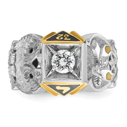 14K Bicolor Gold Herrenring, poliert und strukturiert, mit schwarzer Emaille und Diamant, Double Eagle Freimaurer-Shriner-Ring