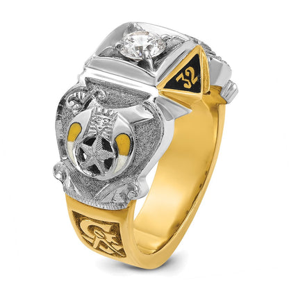 14K Bicolor Gold Herrenring, poliert und strukturiert, mit schwarzer Emaille und Diamant, Double Eagle Freimaurer-Shriner-Ring