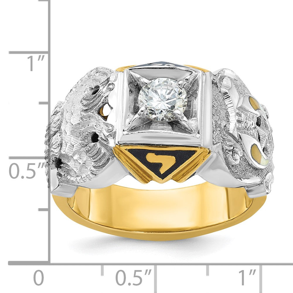 14K Bicolor Gold Herrenring, poliert und strukturiert, mit schwarzer Emaille und Diamant, Double Eagle Freimaurer-Shriner-Ring