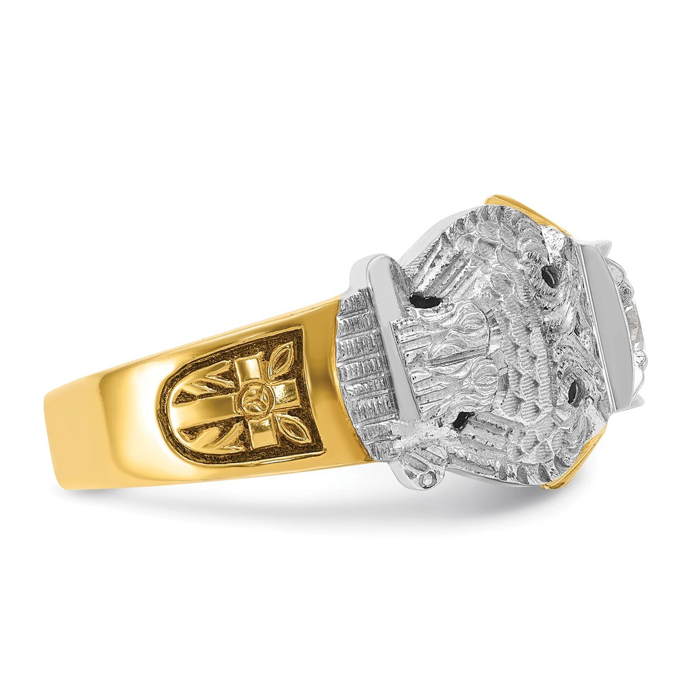 14K Bicolor Gold Herrenring, poliert und strukturiert, mit schwarzer Emaille und Diamant, Double Eagle Freimaurer-Shriner-Ring