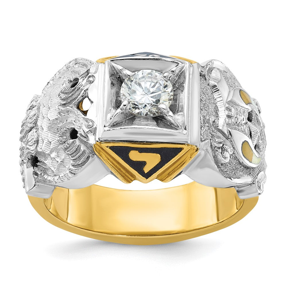 14K Bicolor Gold Herrenring, poliert und strukturiert, mit schwarzer Emaille und Diamant, Double Eagle Freimaurer-Shriner-Ring