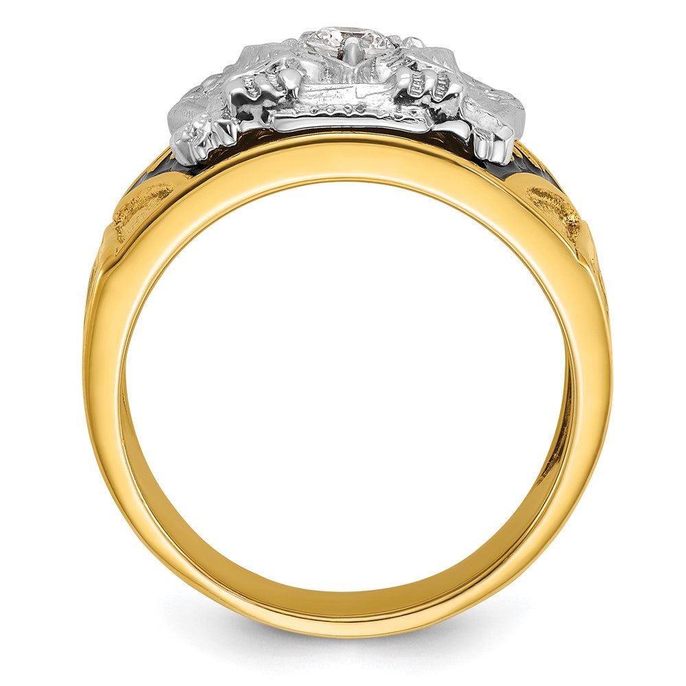 14K Bicolor-Gold Herren-Ring, poliert und texturiert, mit mehrfarbigem Emaille und Diamant, „32. Grad Scottish Rite" Freimaurer-Siegelring