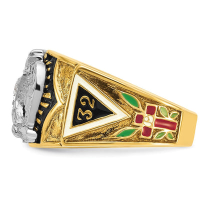 14K Bicolor-Gold Herren-Ring, poliert und texturiert, mit mehrfarbigem Emaille und Diamant, „32. Grad Scottish Rite" Freimaurer-Siegelring