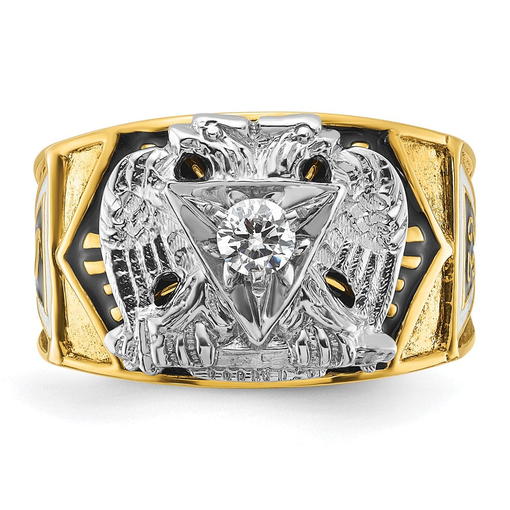 14K Bicolor-Gold Herren-Ring, poliert und texturiert, mit mehrfarbigem Emaille und Diamant, „32. Grad Scottish Rite" Freimaurer-Siegelring