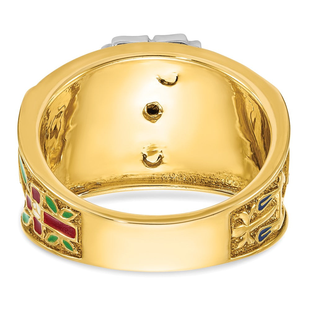 14K Bicolor-Gold Herren-Ring, poliert und texturiert, mit mehrfarbigem Emaille und Diamant, „32. Grad Scottish Rite" Freimaurer-Siegelring