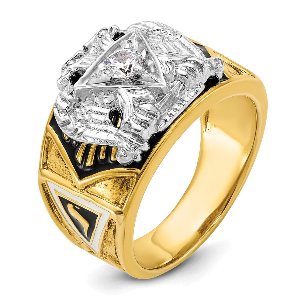 14K Bicolor-Gold Herren-Ring, poliert und texturiert, mit mehrfarbigem Emaille und Diamant, „32. Grad Scottish Rite" Freimaurer-Siegelring