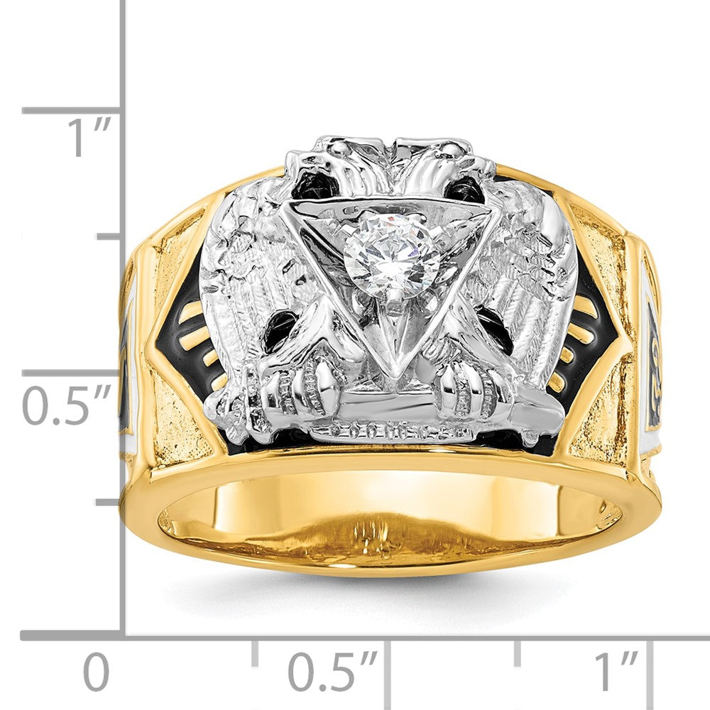 14K Bicolor-Gold Herren-Ring, poliert und texturiert, mit mehrfarbigem Emaille und Diamant, „32. Grad Scottish Rite" Freimaurer-Siegelring