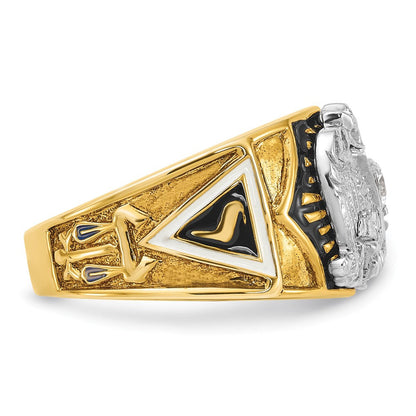 14K Bicolor-Gold Herren-Ring, poliert und texturiert, mit mehrfarbigem Emaille und Diamant, „32. Grad Scottish Rite" Freimaurer-Siegelring