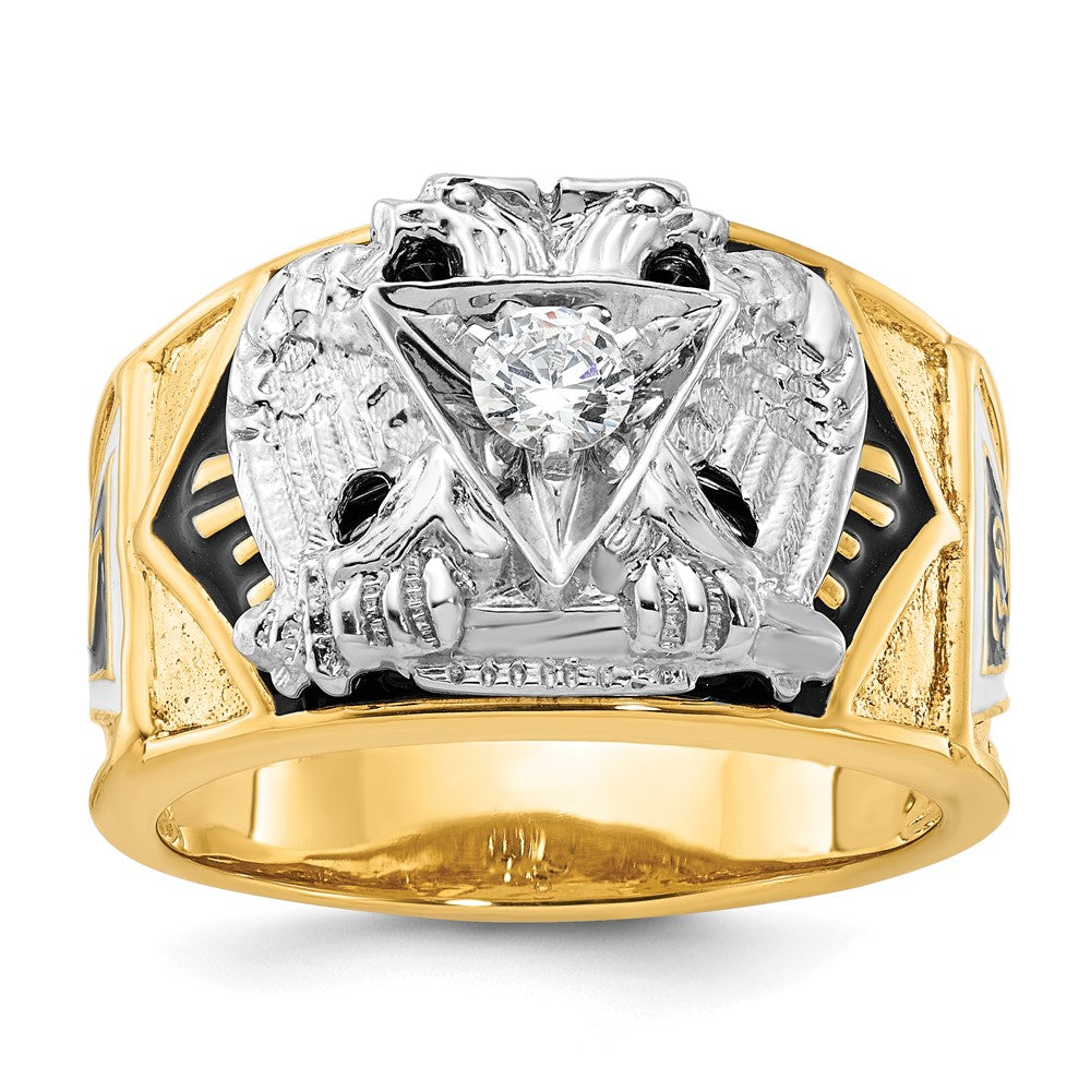 14K Bicolor-Gold Herren-Ring, poliert und texturiert, mit mehrfarbigem Emaille und Diamant, „32. Grad Scottish Rite" Freimaurer-Siegelring