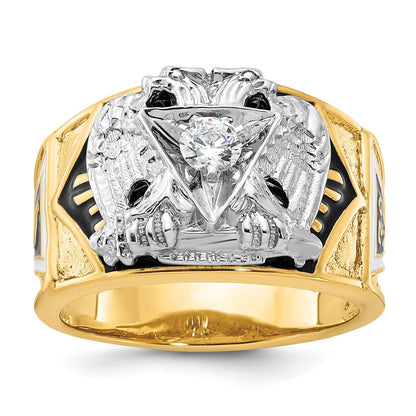 14K Bicolor-Gold Herren-Ring, poliert und texturiert, mit mehrfarbigem Emaille und Diamant, „32. Grad Scottish Rite" Freimaurer-Siegelring