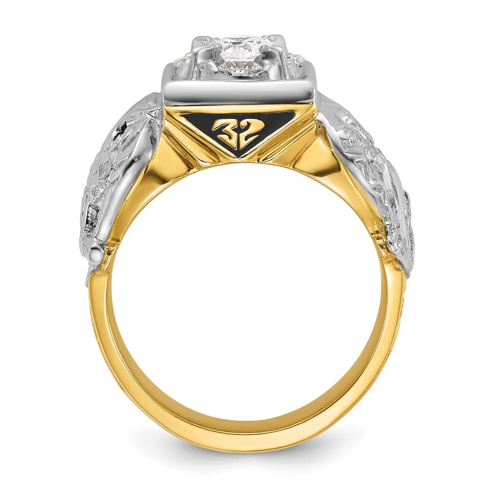 14K Bicolor Gold Herrenring, poliert und texturiert, mit schwarzer Emaille und Diamant, Doppeladler Freimaurer-Shriner-Ring