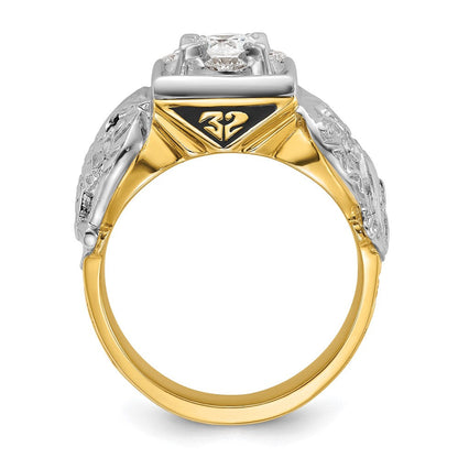 14K Bicolor Gold Herrenring, poliert und texturiert, mit schwarzer Emaille und Diamant, Doppeladler Freimaurer-Shriner-Ring