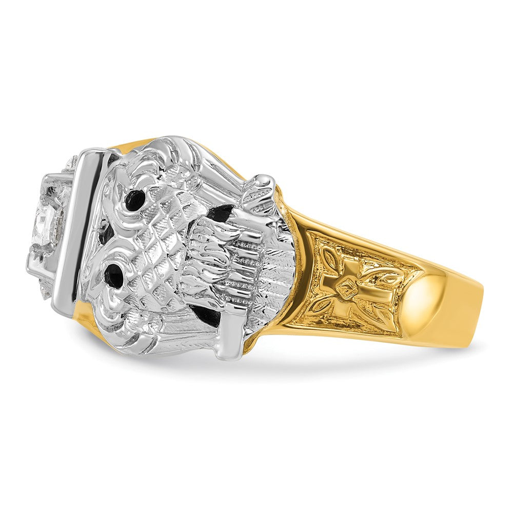 14K Bicolor Gold Herrenring, poliert und texturiert, mit schwarzer Emaille und Diamant, Doppeladler Freimaurer-Shriner-Ring