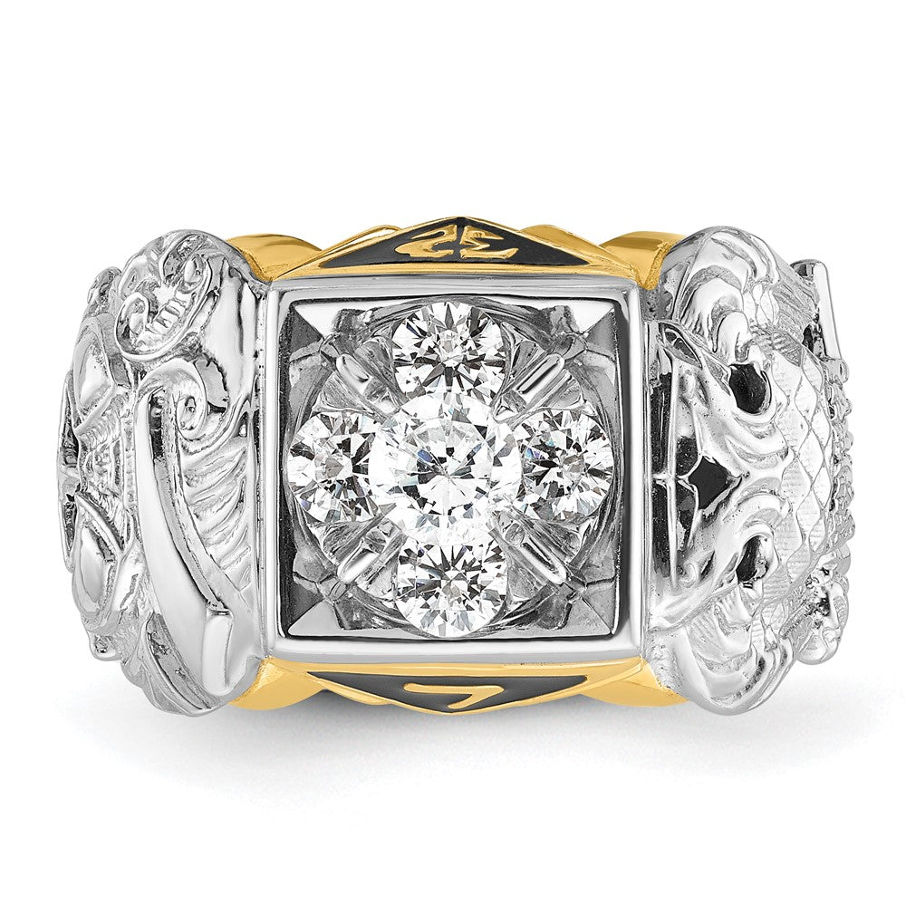 14K Bicolor Gold Herrenring, poliert und texturiert, mit schwarzer Emaille und Diamant, Doppeladler Freimaurer-Shriner-Ring