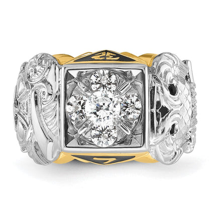 14K Bicolor Gold Herrenring, poliert und texturiert, mit schwarzer Emaille und Diamant, Doppeladler Freimaurer-Shriner-Ring