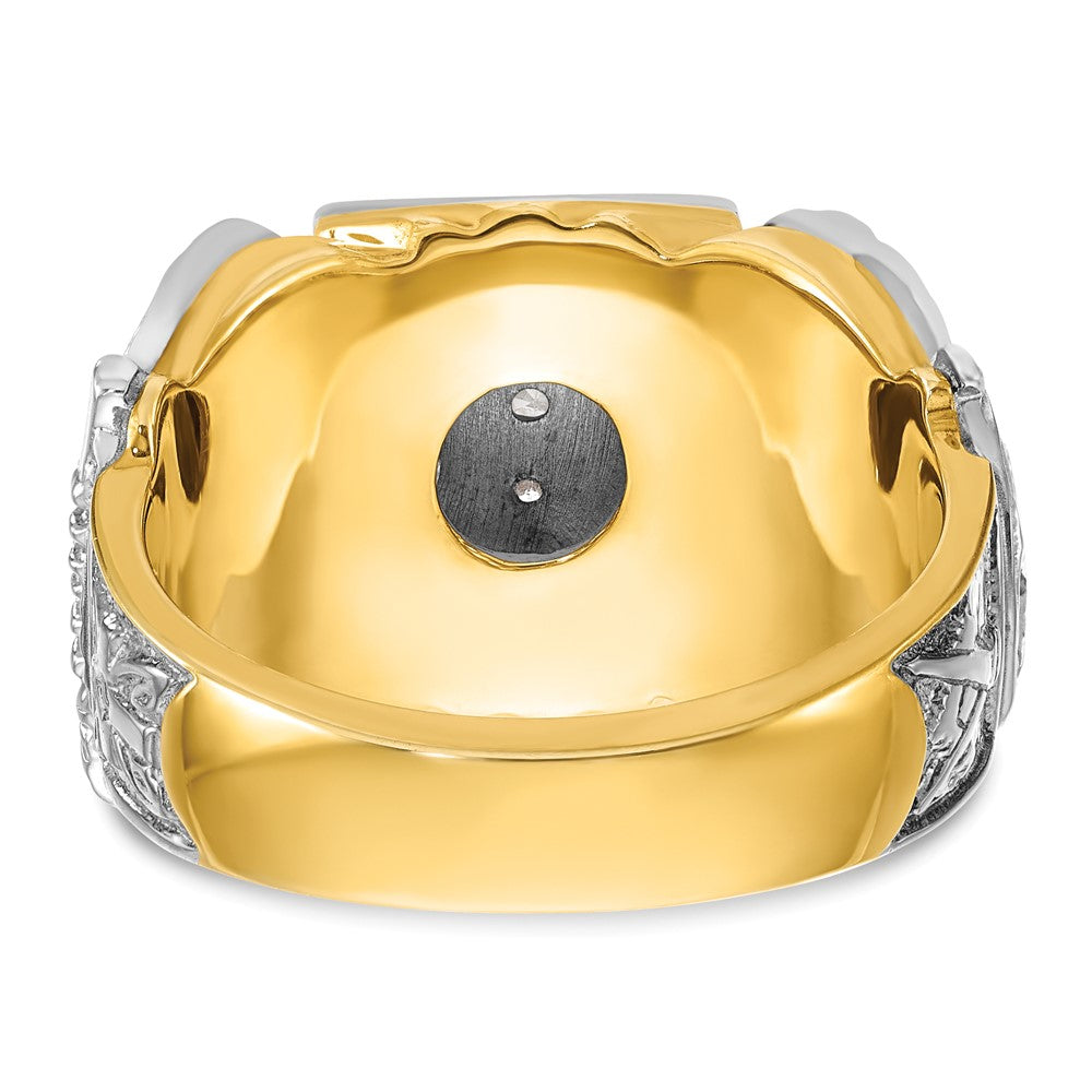 14K Bicolor Gold Herrenring, poliert und texturiert, mit schwarzer Emaille und Diamant, Doppeladler Freimaurer-Shriner-Ring