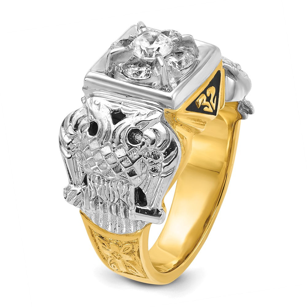 14K Bicolor Gold Herrenring, poliert und texturiert, mit schwarzer Emaille und Diamant, Doppeladler Freimaurer-Shriner-Ring