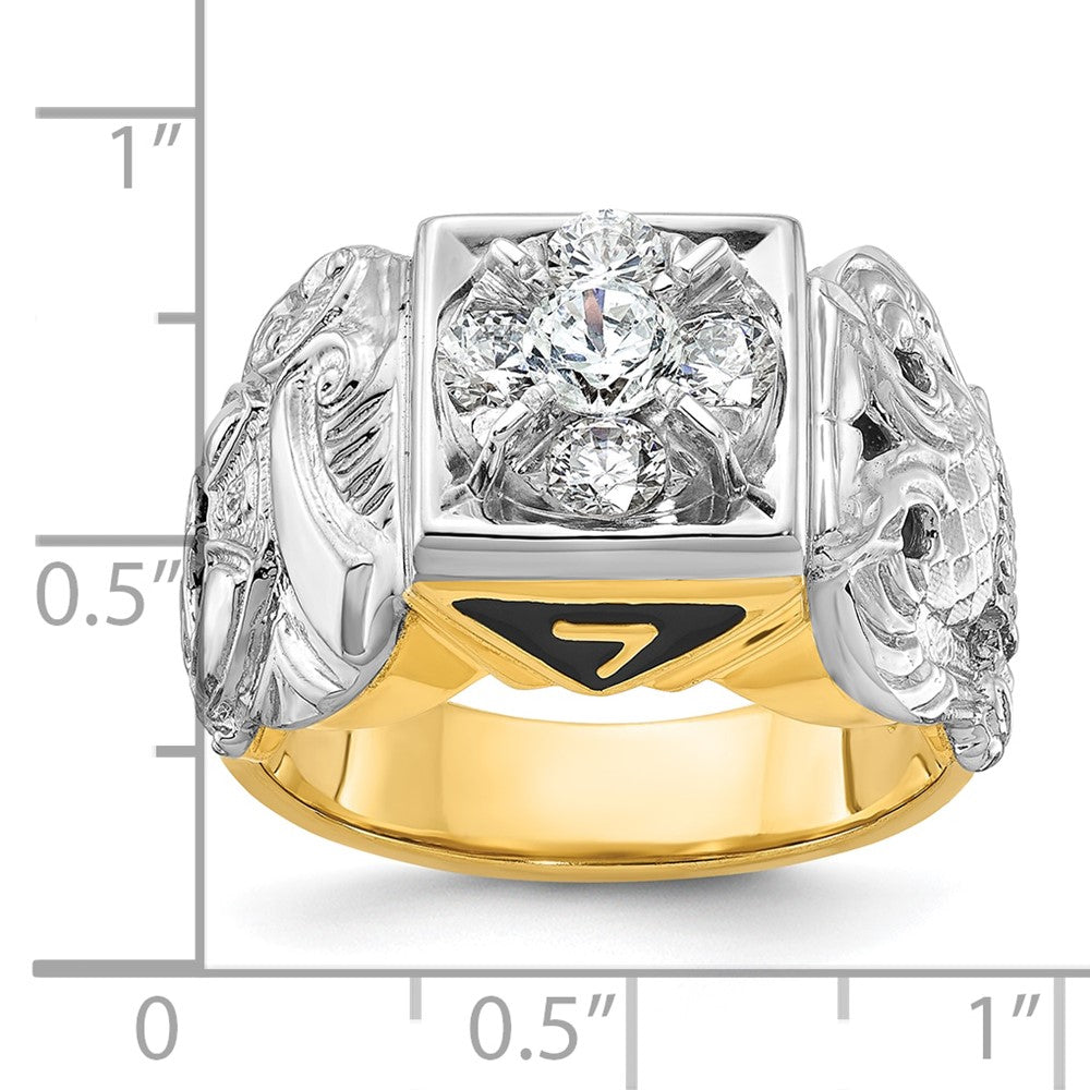 14K Bicolor Gold Herrenring, poliert und texturiert, mit schwarzer Emaille und Diamant, Doppeladler Freimaurer-Shriner-Ring