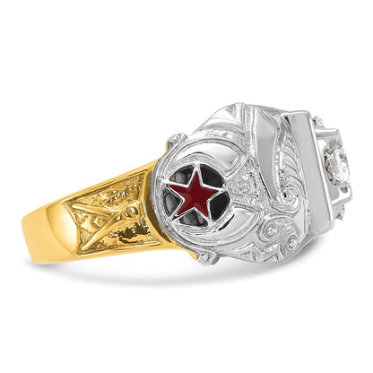 14K Bicolor Gold Herrenring, poliert und texturiert, mit schwarzer Emaille und Diamant, Doppeladler Freimaurer-Shriner-Ring