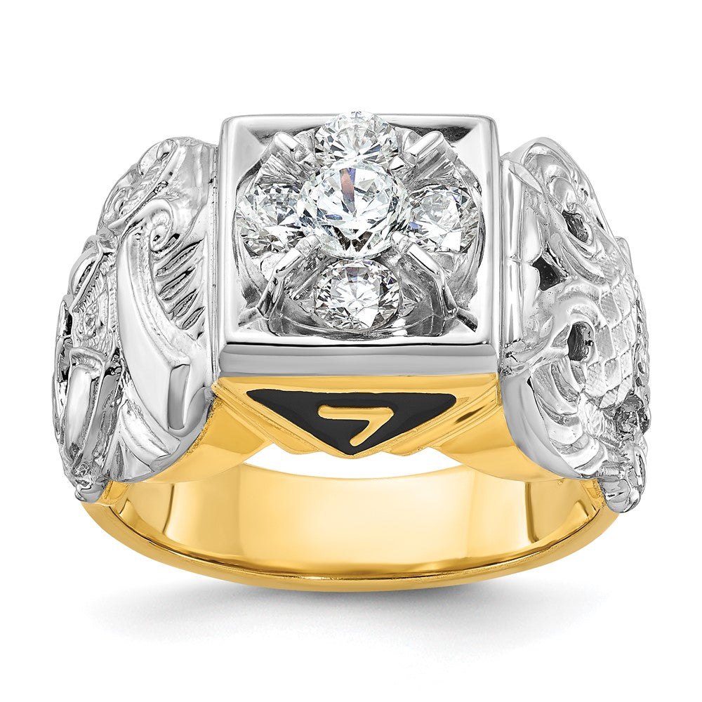 14K Bicolor Gold Herrenring, poliert und texturiert, mit schwarzer Emaille und Diamant, Doppeladler Freimaurer-Shriner-Ring