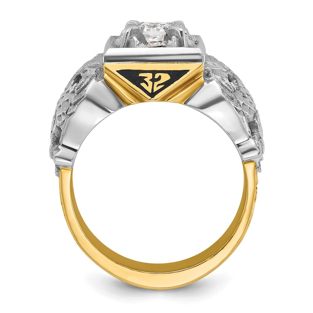 14K Bicolor-Gold Herrenring, poliert und texturiert, mit schwarzer Emaille und Diamant, Freimaurer-Ring des Schottischen Ritus, 32. Grad