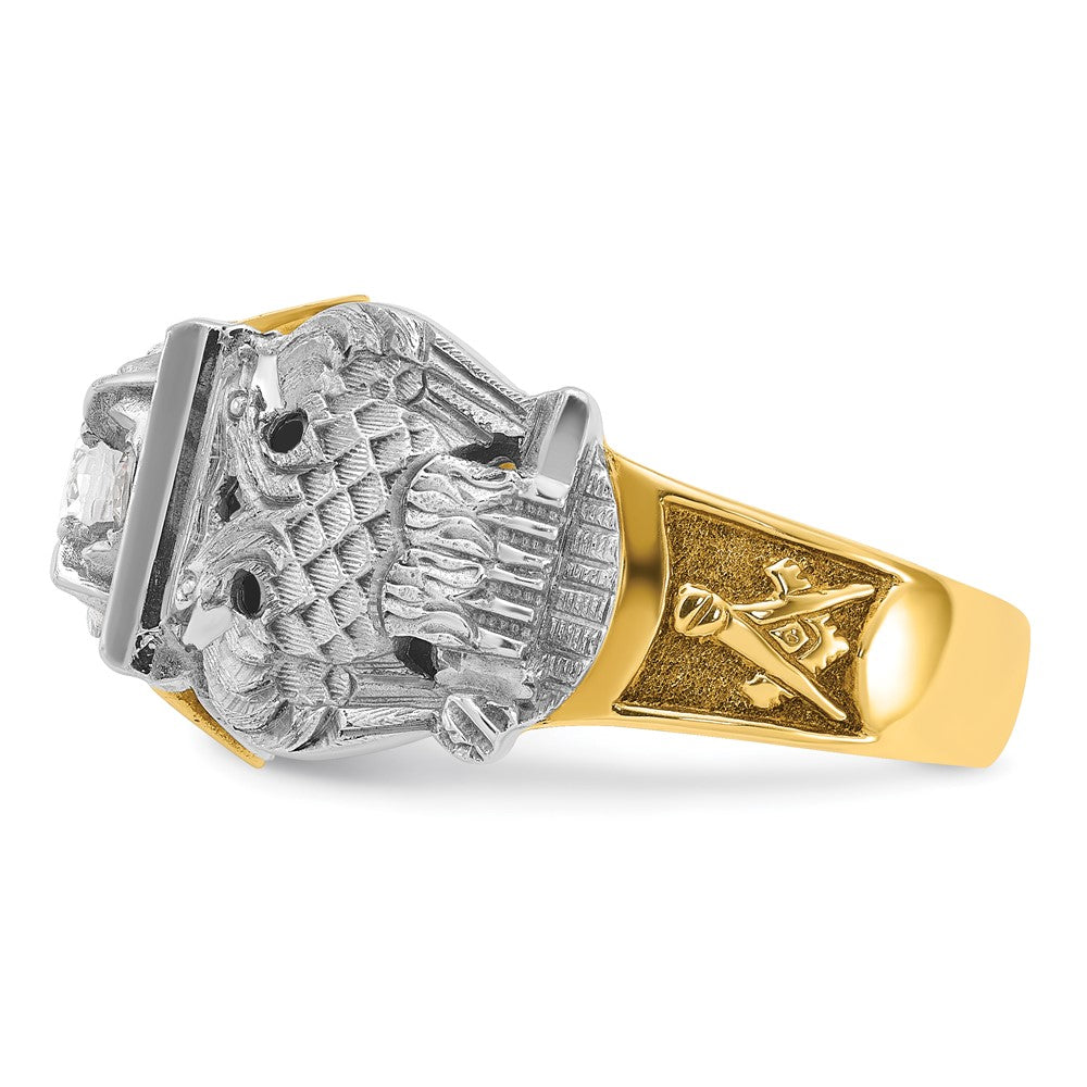 14K Bicolor-Gold Herrenring, poliert und texturiert, mit schwarzer Emaille und Diamant, Freimaurer-Ring des Schottischen Ritus, 32. Grad
