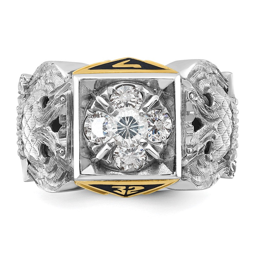 14K Bicolor-Gold Herrenring, poliert und texturiert, mit schwarzer Emaille und Diamant, Freimaurer-Ring des Schottischen Ritus, 32. Grad