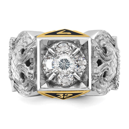 14K Bicolor-Gold Herrenring, poliert und texturiert, mit schwarzer Emaille und Diamant, Freimaurer-Ring des Schottischen Ritus, 32. Grad