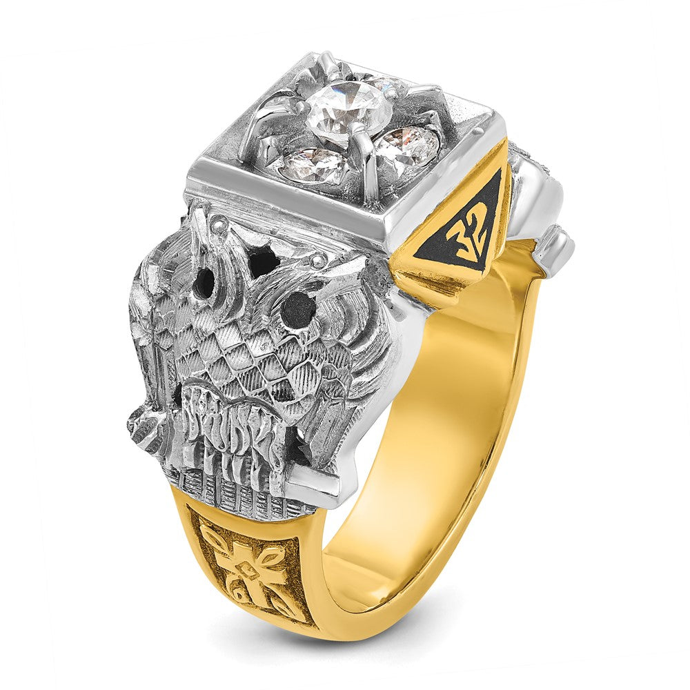 14K Bicolor-Gold Herrenring, poliert und texturiert, mit schwarzer Emaille und Diamant, Freimaurer-Ring des Schottischen Ritus, 32. Grad