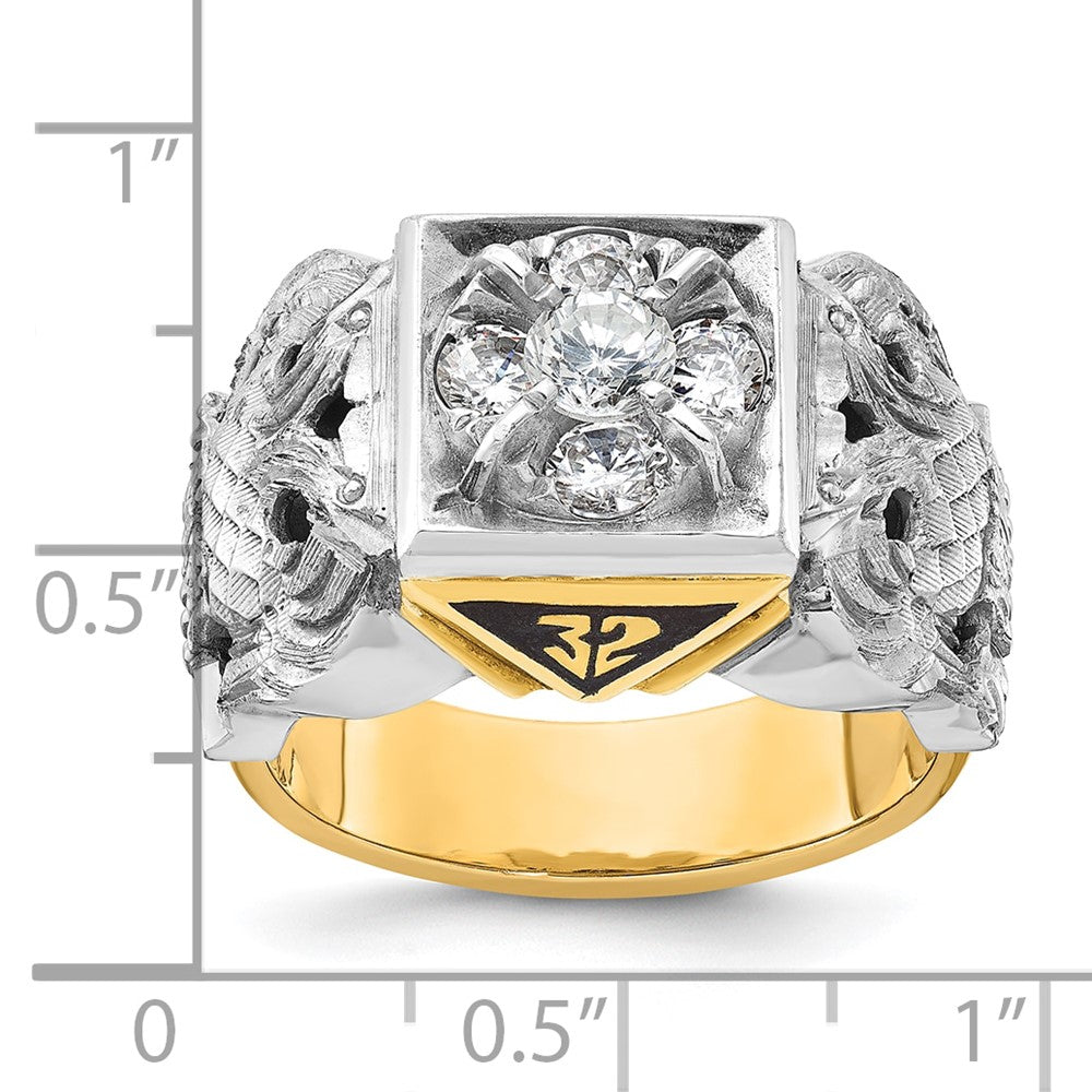 14K Bicolor-Gold Herrenring, poliert und texturiert, mit schwarzer Emaille und Diamant, Freimaurer-Ring des Schottischen Ritus, 32. Grad