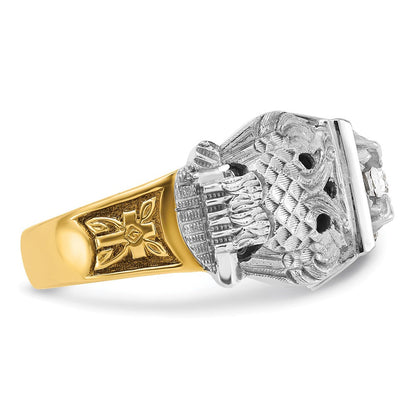 14K Bicolor-Gold Herrenring, poliert und texturiert, mit schwarzer Emaille und Diamant, Freimaurer-Ring des Schottischen Ritus, 32. Grad